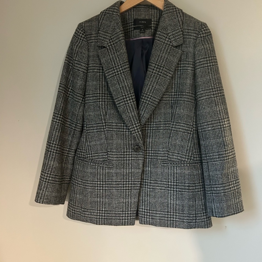 J.Crew Willa Plaid Wool Blazer Size 6 Gray Black Classic Tailored